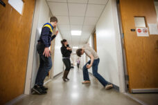 Students take a break from studying to dance in the halls of the E.V. Moore Building.