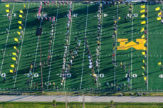 The U-M Marching Band practices on Elbel Field.