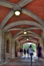 Students walk through the arch leading from South University Avenue to the Diag.