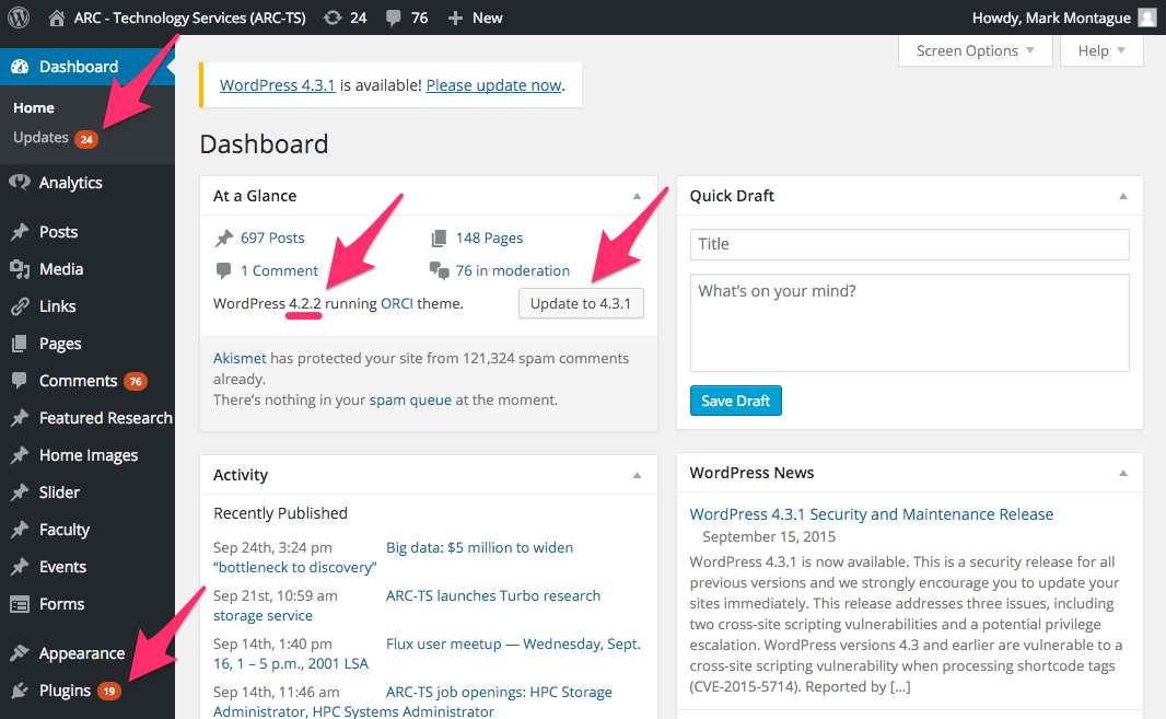 Screenshot of WordPress 4.2.2 site that can be updated to 4.3.1 with 19 plugin and 24 total updates pending
