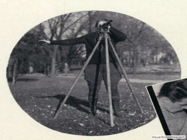 'Something a bit unusual, a girl surveying.' 1937<br/>Engineering students in surveying courses would line the hill working on their measurements, an old joke. 