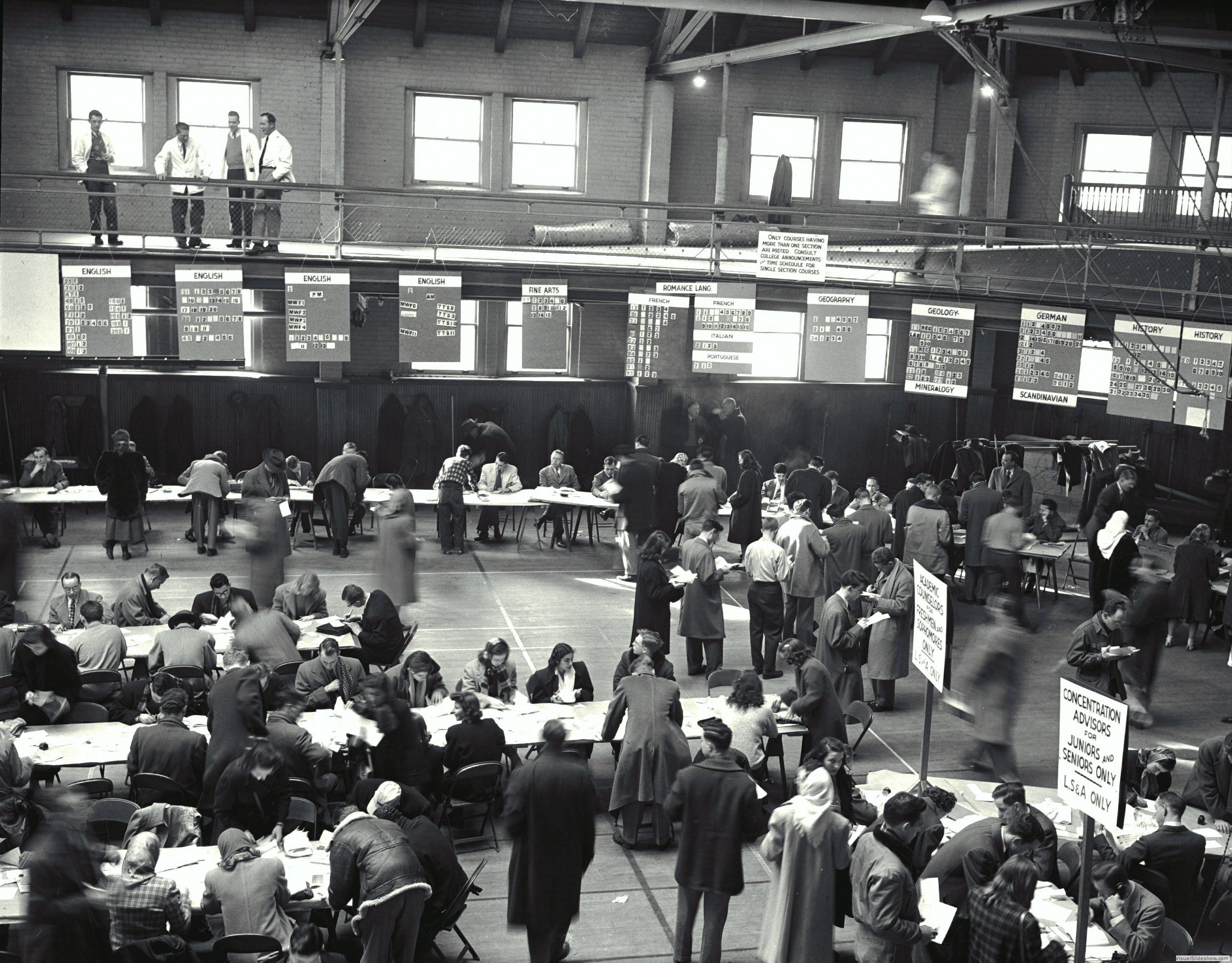 Registration in Waterman Gym, September 1951<br/>Before computers at the University of Michigan, registration for classes involved numerous forms, long lines, and a good deal of patience.