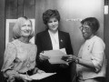 Left to right: Barbara Sloat, Sally Dunnick (WIS Program Assistant), and Addie Hunter (CEW/WIS Secretary) at the Women In Science office at Center for the Education of Women, 1983