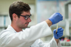 A research technician  working in a Samuel and Jean Frankel Cardiovascular Center lab.