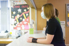 Students don Flu masks for a flu prevention study.