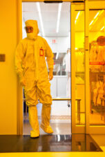 A worker enters the Lurie Nanofabrication Facility on North Campus.