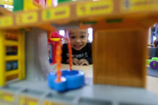 A toddler enjoys the playroom at C.S. Mott Children's Hospital.